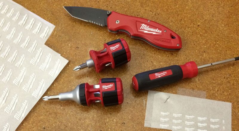 Our custom rub down transfers on a new tool prototype by Milwaukee Tool. Custom transfers add that finishing touch to all product prototypes, making them ready for presentation by the developers.
