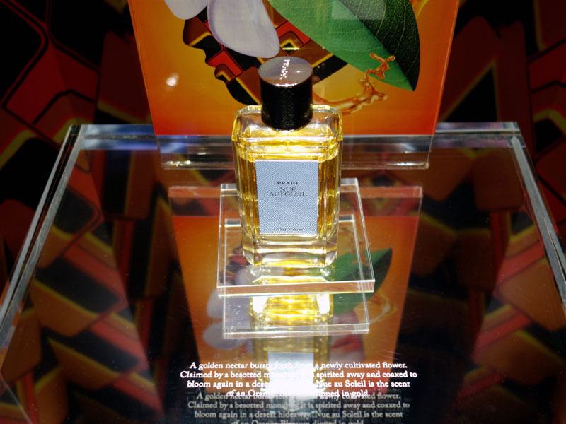 An in-store display using dry transfers for the text on glass displays in Prada SoHo. Custom Dry Transfers can be used on glass with no adhesive residue