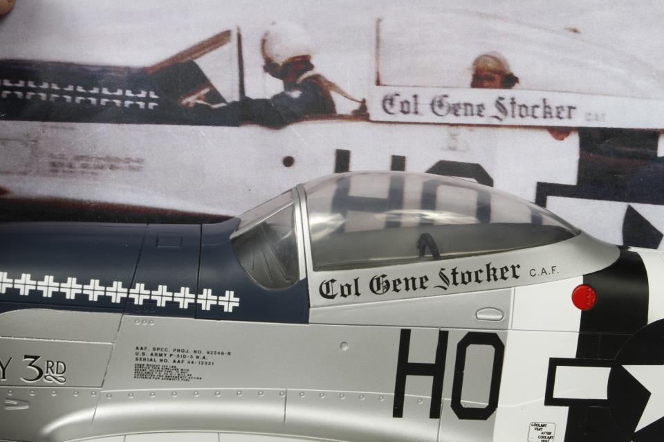 Side view of a scale model replica of a WWII P51D fighter plane, using our rubdown transfers for finishing.