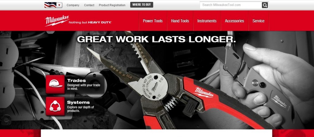 Screenshot of Milwaukee Tool's website with photos of the same tools as above with our custom dry transfers applied to finish the logo on the product prototypes.