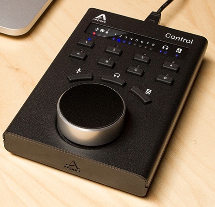 A close up product photograph of a video control device by Apogee Electronics. We produced custom dry transfers for their control labels and instrument panel decals