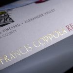 Closeup of dry transfer decal on glass wine bottle label for Francis Ford Coppola wines.