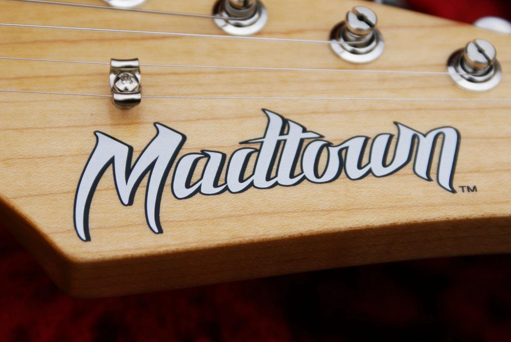 Closeup detail of a custom guitar decal for Madtown by Image Transfers